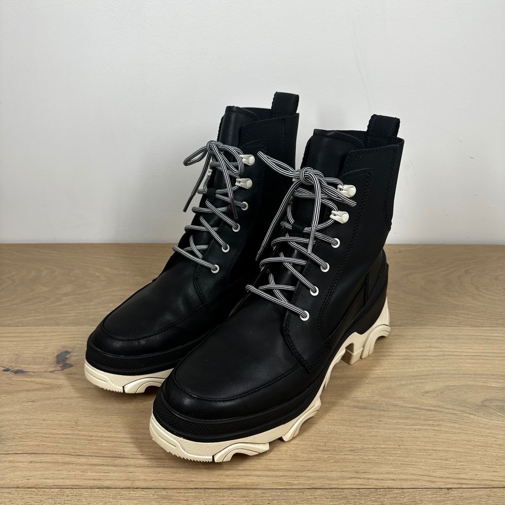 Sorel Kinetic Caribou Boots Women 8 Black Leather Ankle Chunky Platform Hiker